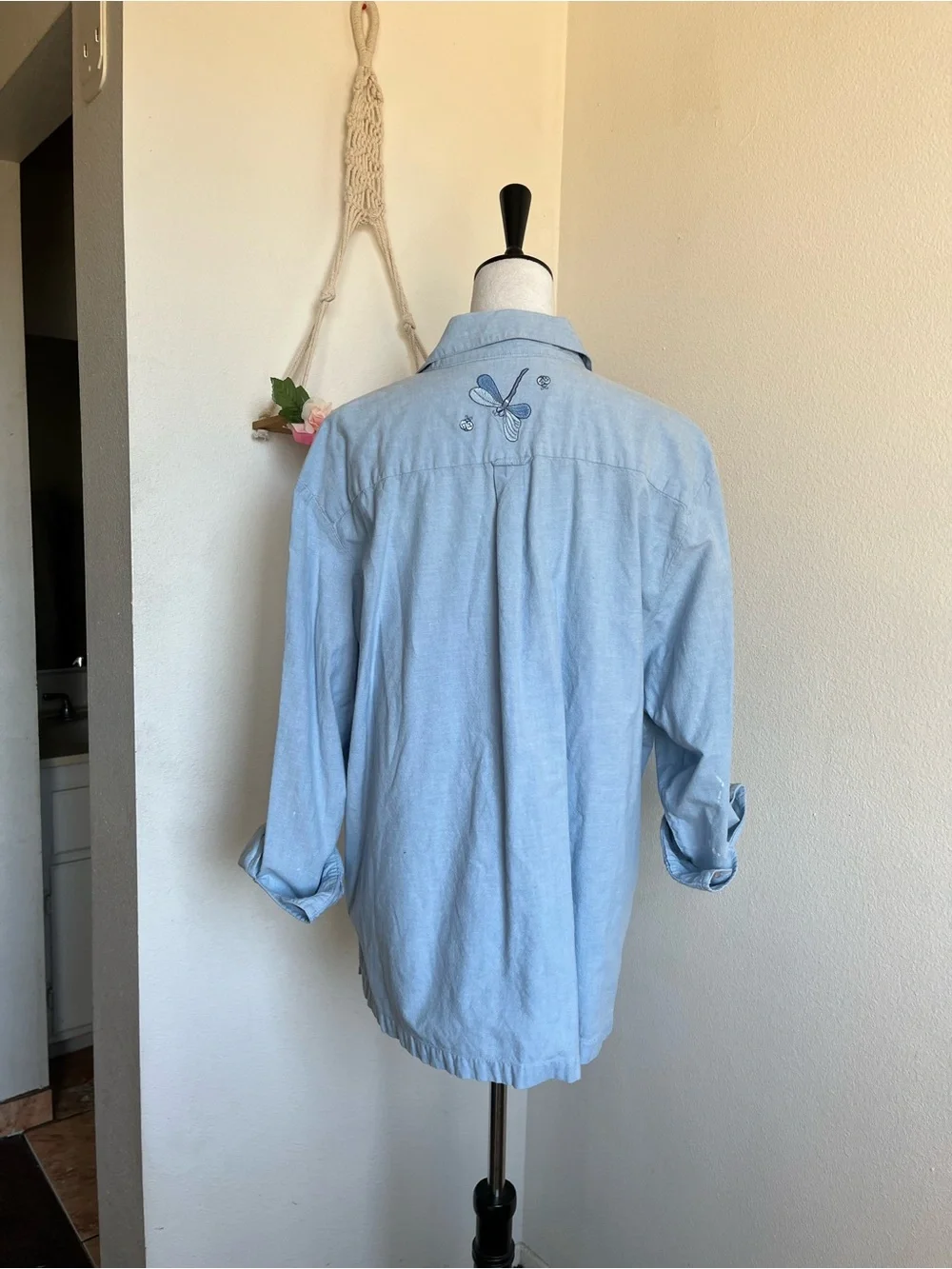 Vintage Cottagecore Dragonfly Embroidered Button-Down Shirt size